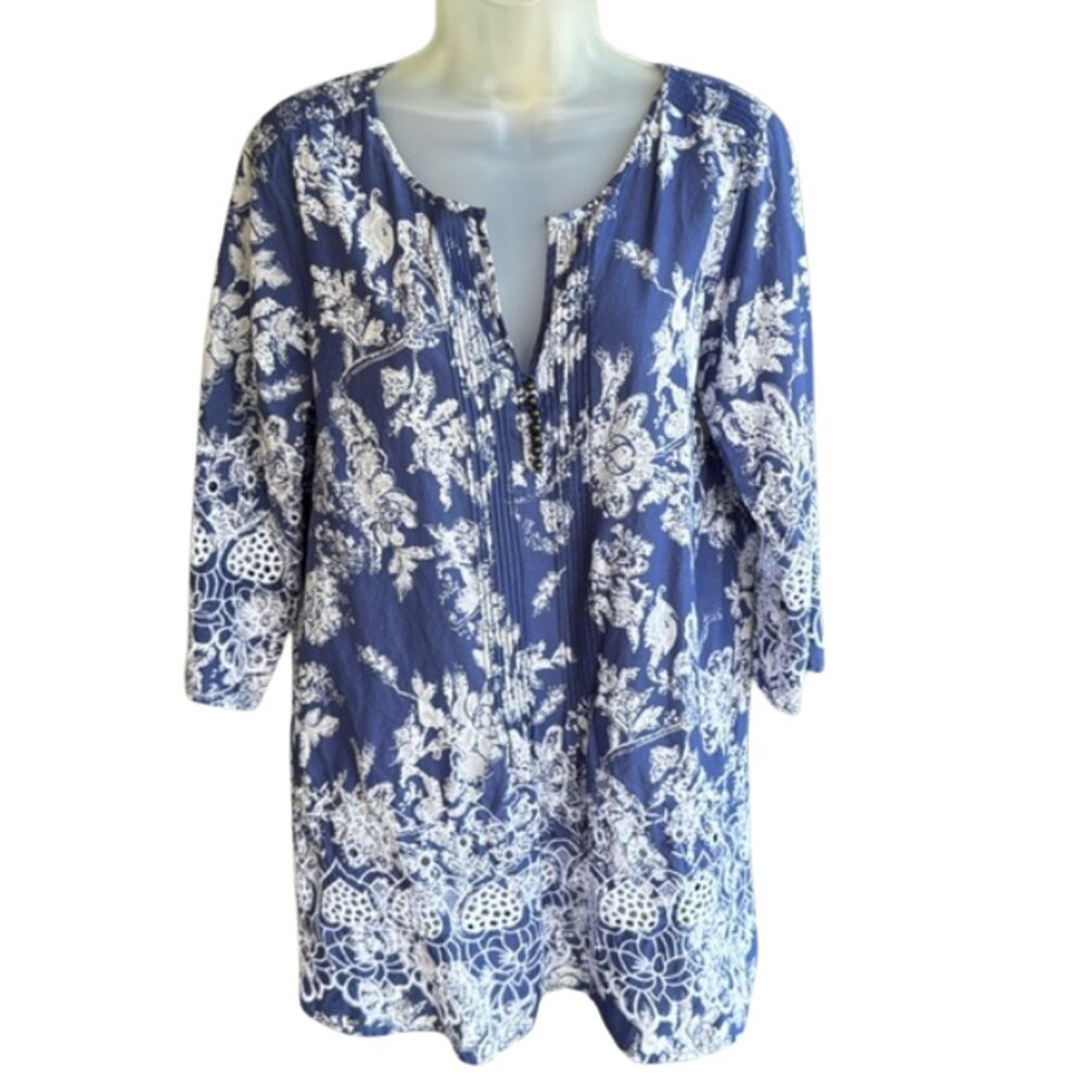 Soft Surroundings Blue Floral Embroidered Tunic‎ – Size M